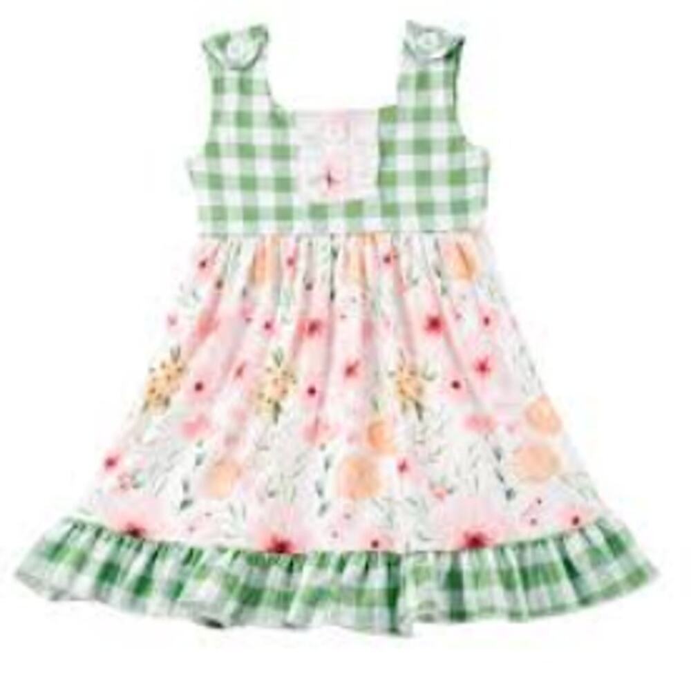 Baby Girl Green Plaid Floral Fit And Flare Dress Toddler Size 3 Party Outfit